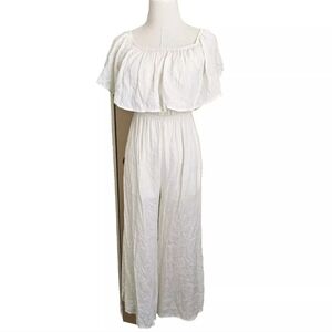 Audrey 3+1 Linen Blend Boho Wide Leg Off Shoulder Ruffle Ivory White Jumpsuit, S